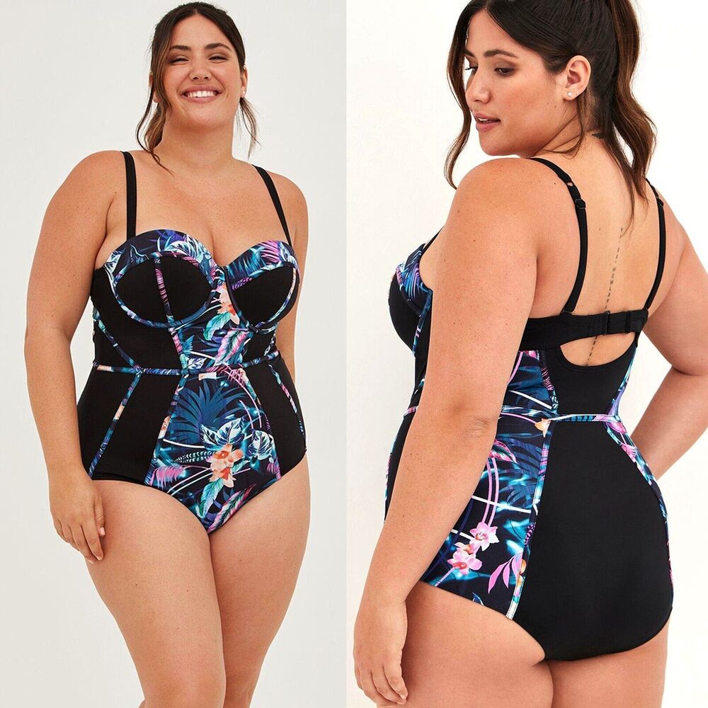 Torrid Swimsuit Women 5X DD/F Black Tropical Slim Fix Underwire Piping One Piece